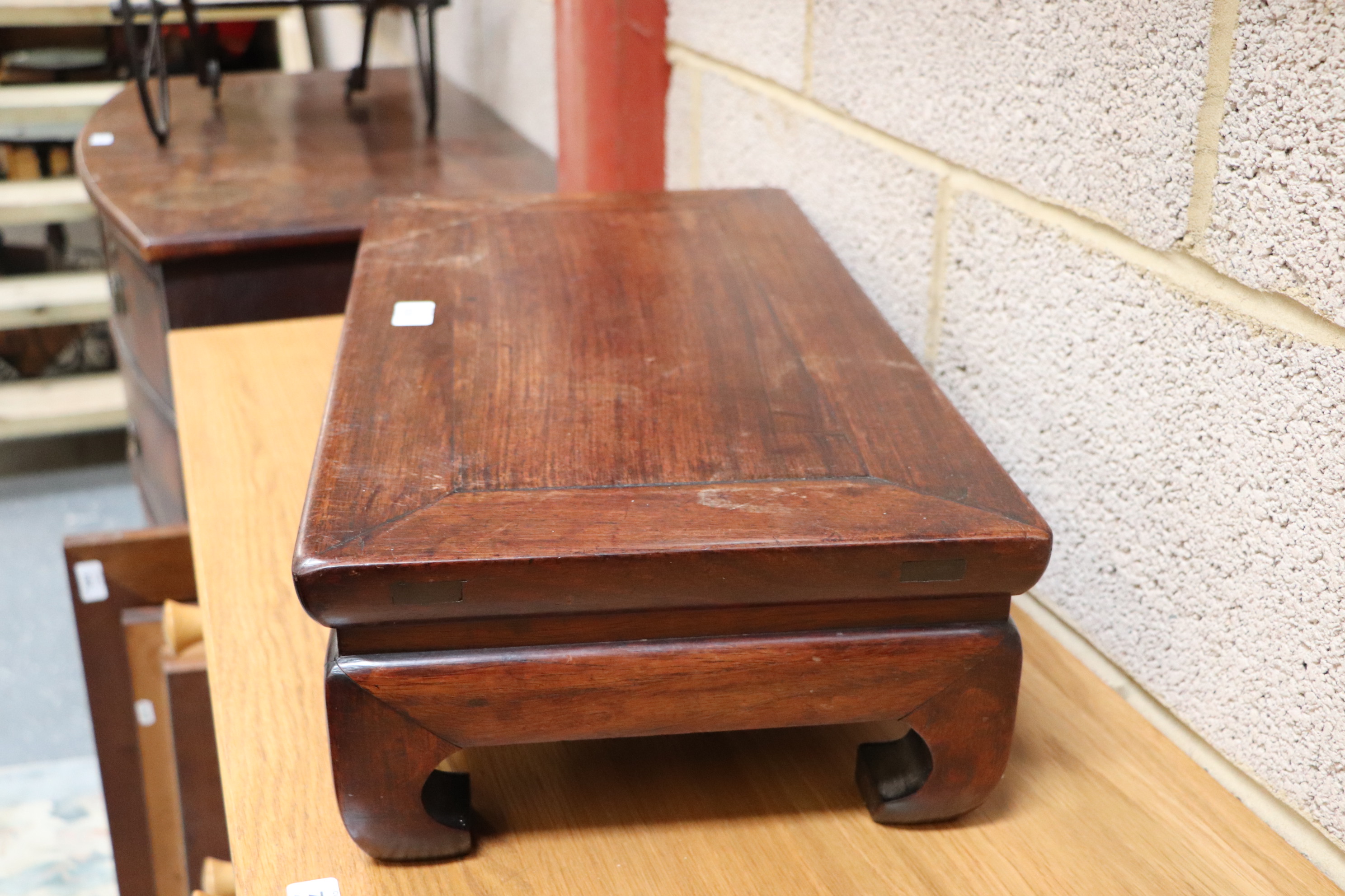 A Chinese hardwood low table, 60cm wide. Condition Report 16cm high.  Water marks on the top and - Image 3 of 7