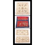 Three Arabic silk and bullion wire embroidered panels, largest 78 by 78cm, together with a Chinese