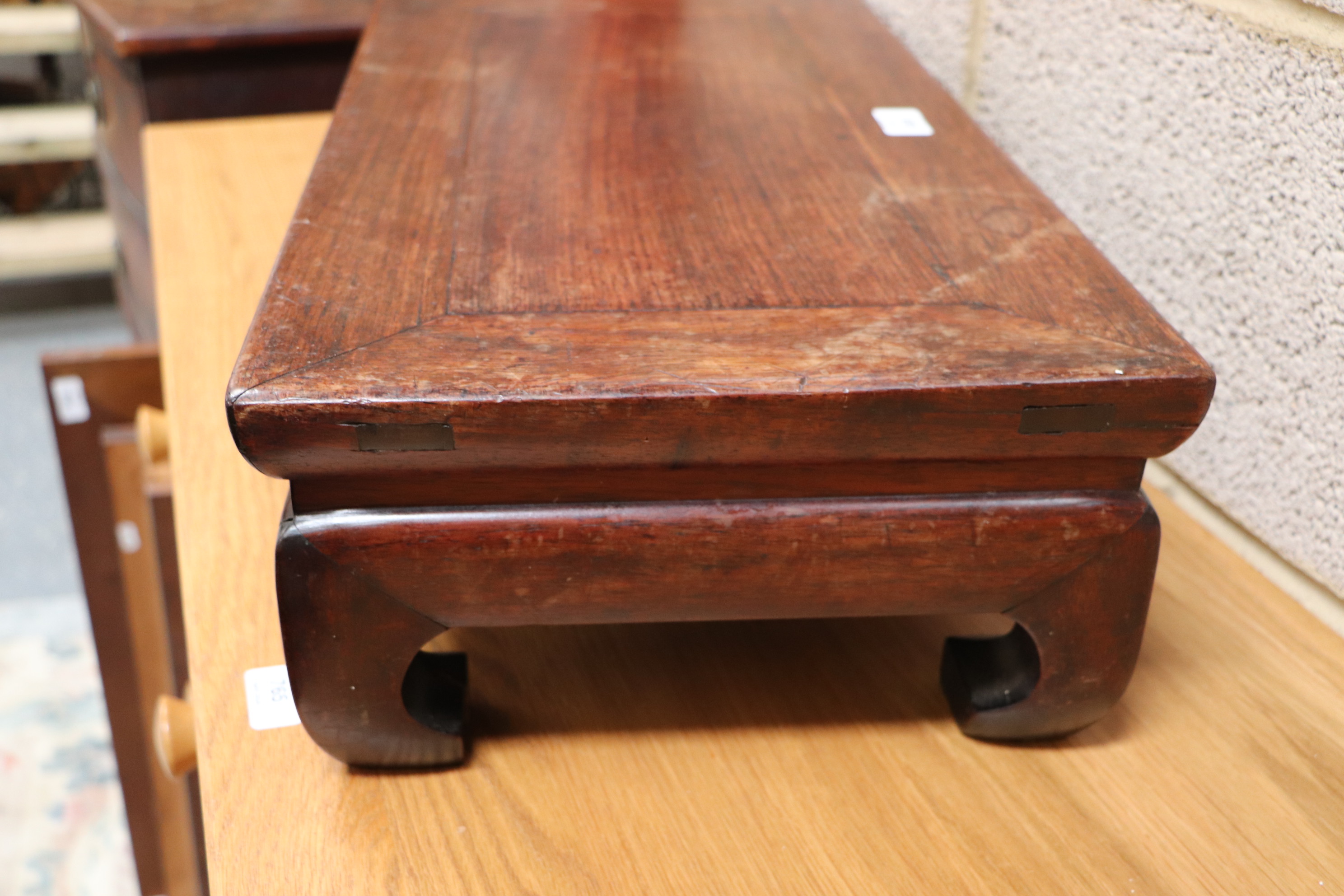 A Chinese hardwood low table, 60cm wide. Condition Report 16cm high.  Water marks on the top and - Image 5 of 7