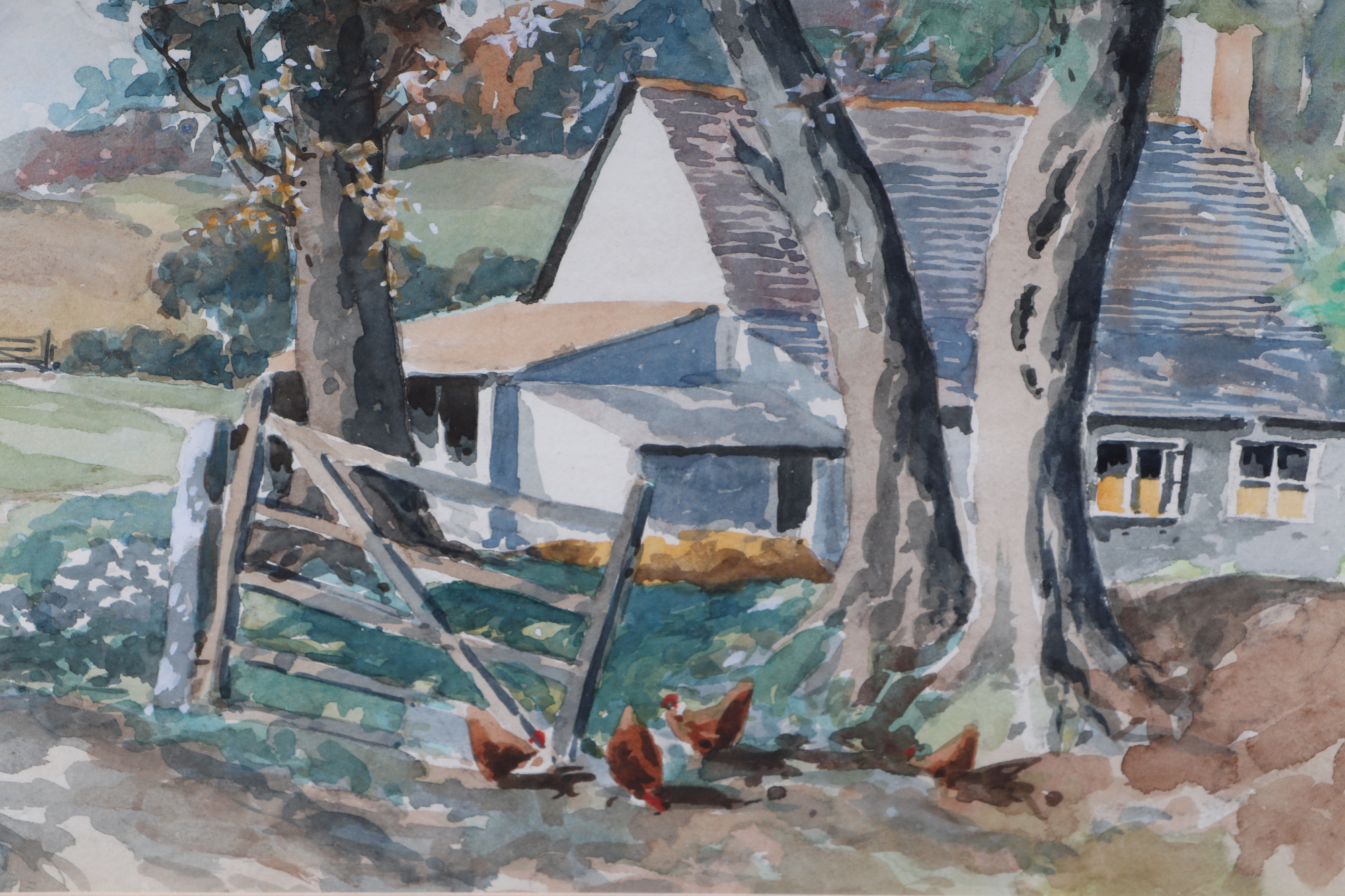 Eva Swan (20th Century British), country scene with chickens in the foreground, water colour, framed - Image 2 of 3