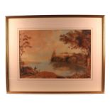 19th century school - Two Figures Fishing Beside a Lake - watercolour, framed & glazed, 56 by
