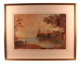 19th century school - Two Figures Fishing Beside a Lake - watercolour, framed & glazed, 56 by