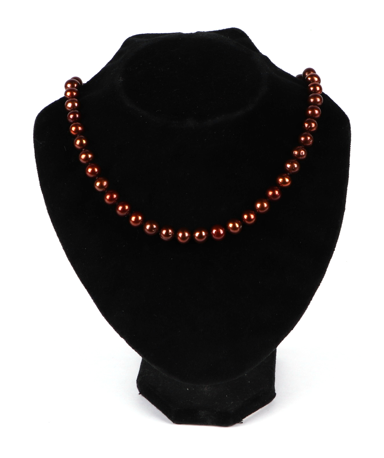 A fresh water cultured chocolate pearl bead necklace, with 9ct gold coffee bean clasp, 45cm long.