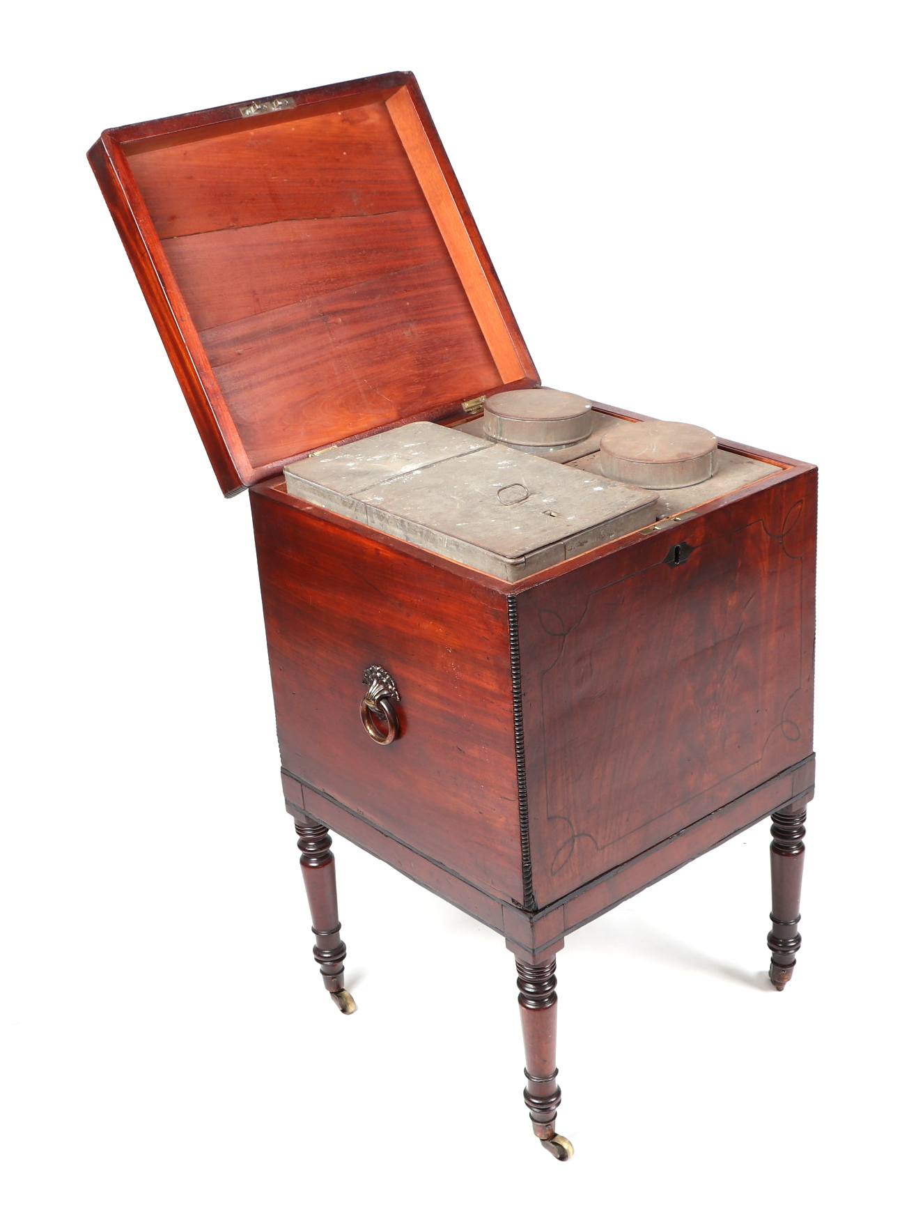 A Regency mahogany teapoy with ebony stringing, the lift-up top revealing a fitted interior of three - Image 3 of 3