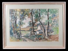 Eva Swan (20th Century British), country scene with chickens in the foreground, water colour, framed