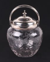 A late Victorian silver mounted etched glass biscuit barrel, London 1900, 19cm high. Condition