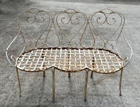 A painted metal triple chair back garden bench, 136 cm wide. Condition Report The bench is