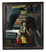 20th century school, abstract study of figures and a bottle, oil on board, framed, 39 by 49cm.