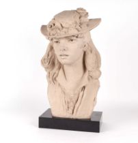 After Rodin, a cast bust by Austin Productions, depicting a lady wearing a bonnet, 54cm high.