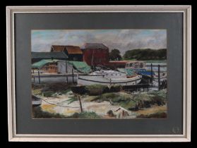 A H Fitt (Modern British), "Dell Quay", pastel, label verso, 47 by 32cm, framed and glazed.