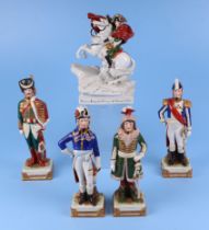 A group of continental porcelain figures depicting Napoleon Bonaparte and his Marshalls, largest