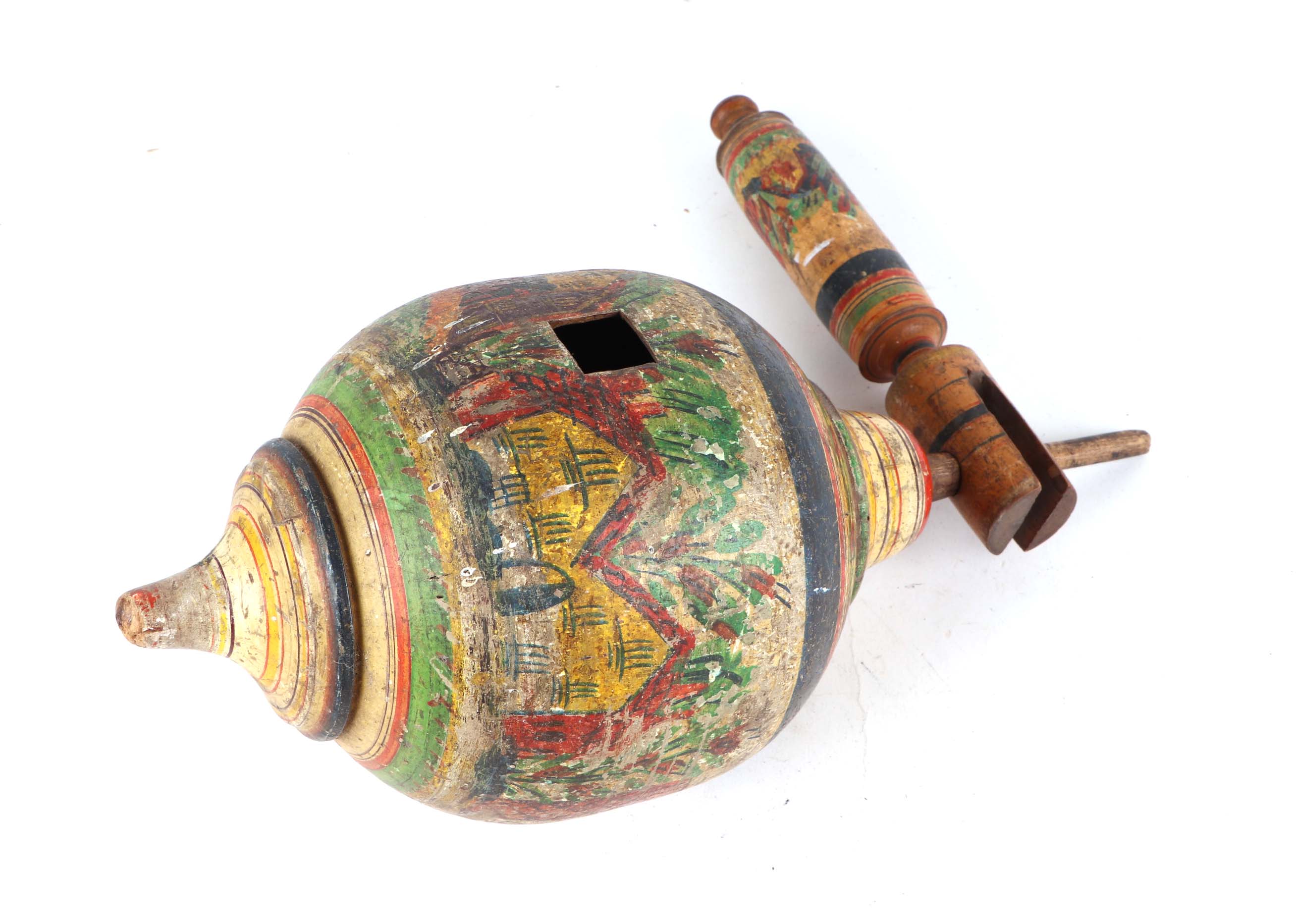 A turned wooden painted folk art spinning top, 32cm high. - Image 2 of 2