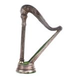 An Edwardian novelty silver hat pin stand in the form of a harp, Sampson Mordan & Co, London 1906,