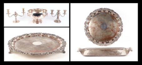 A silver plated punch bowl, a large circular silver plated tray, a rectangular silver plated two