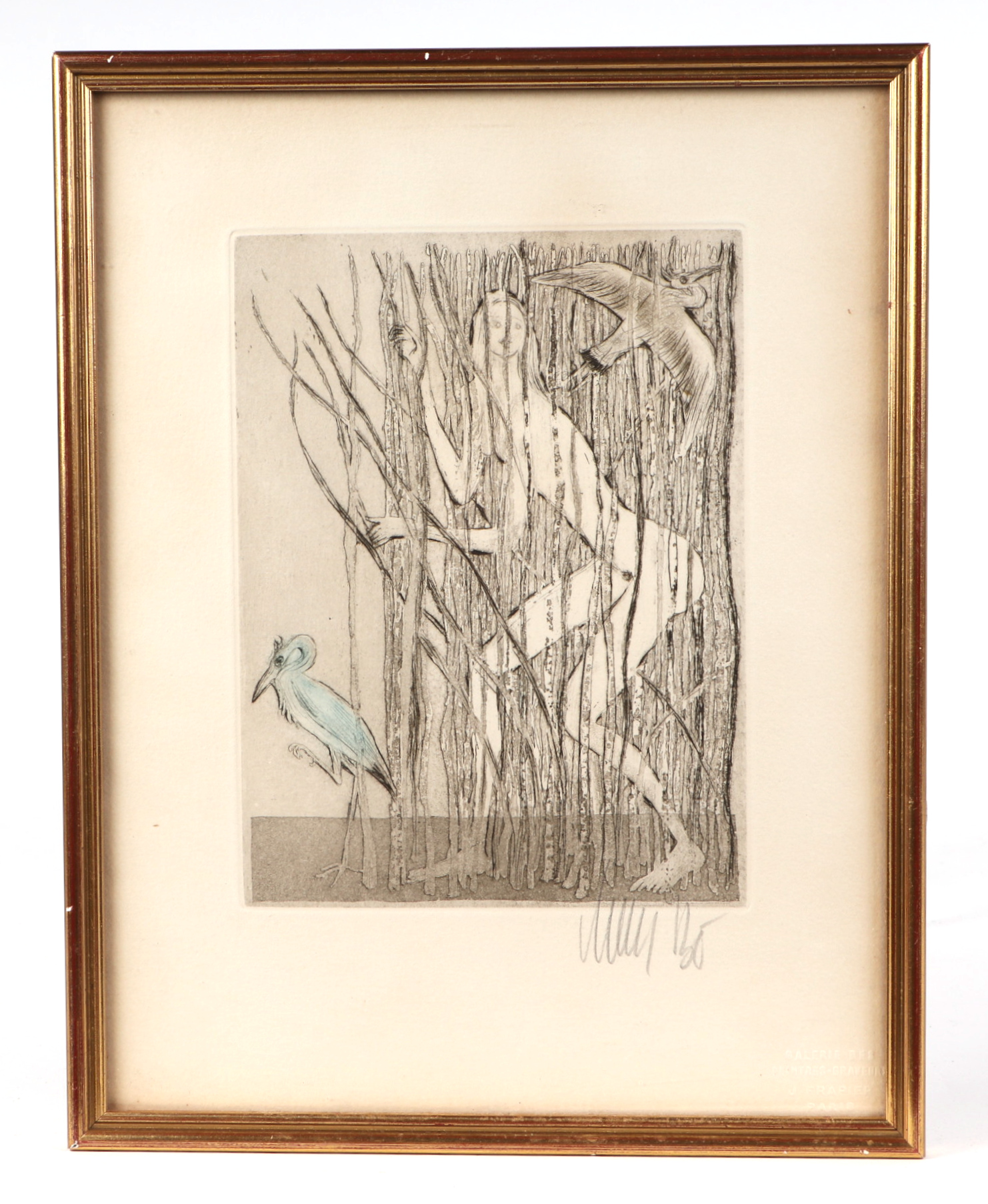 Lars Bo (1924-1999), "Female Nude with Birds in a Forest", coloured etching, signed in pencil in the
