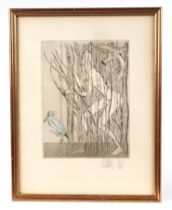 Lars Bo (1924-1999), "Female Nude with Birds in a Forest", coloured etching, signed in pencil in the