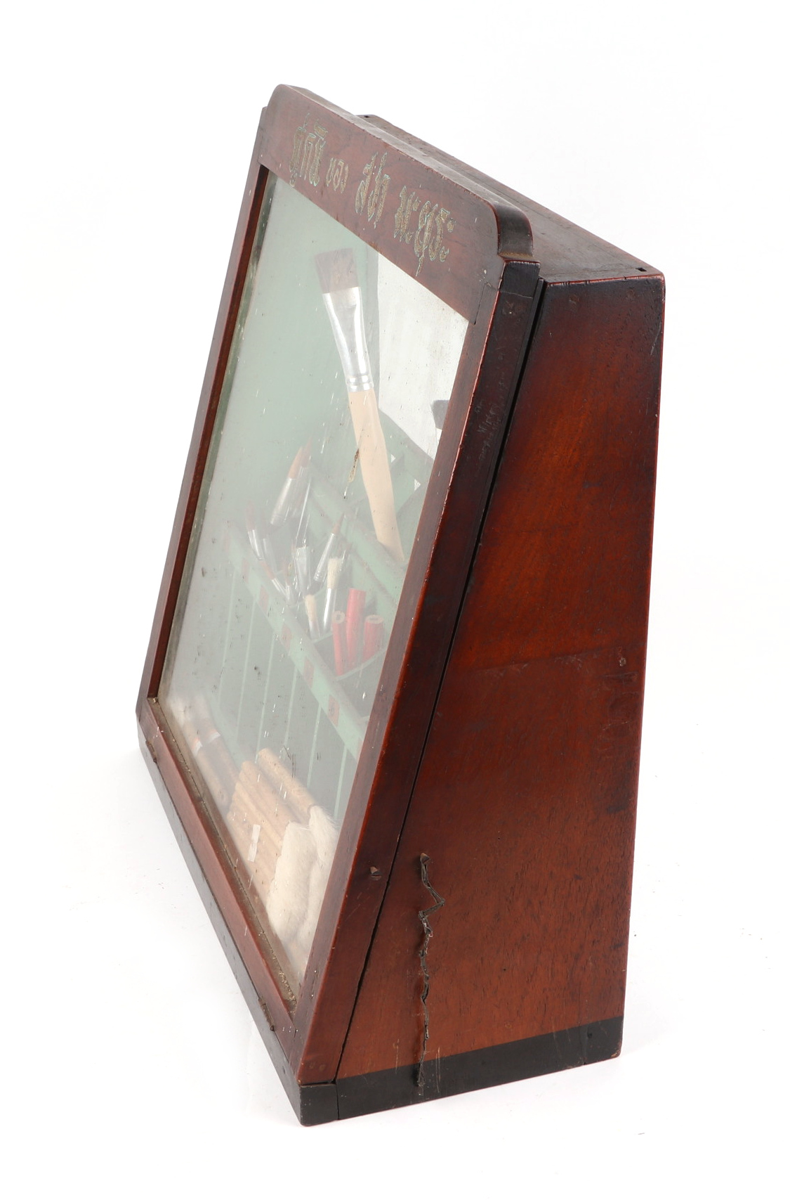 An early 20th century Burmese teak glazed table top shop display cabinet, for artiest materials, - Image 6 of 6