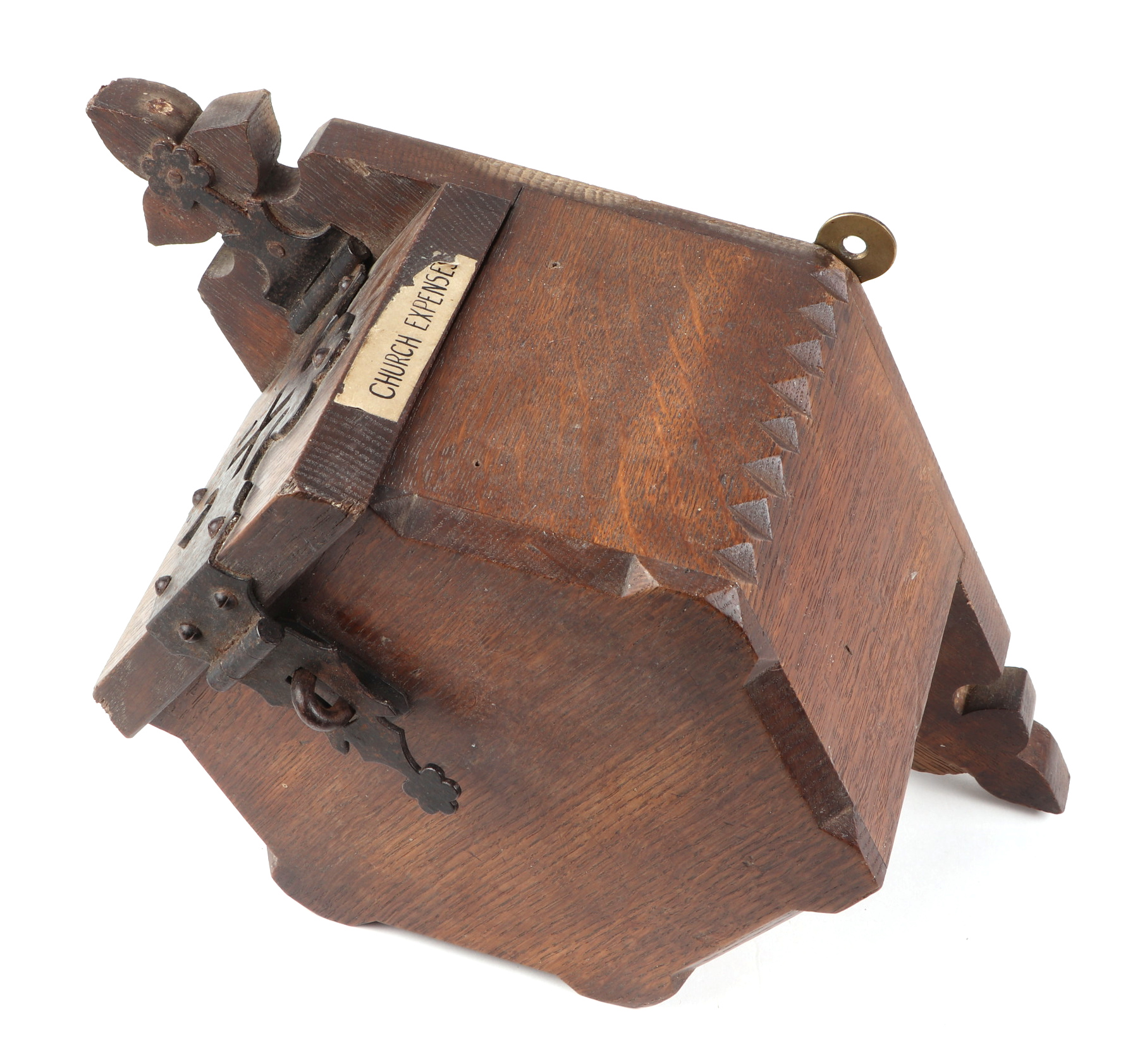 A late Victorian gothic revival oak church wall mounted collection box, having iron strap work - Image 3 of 4