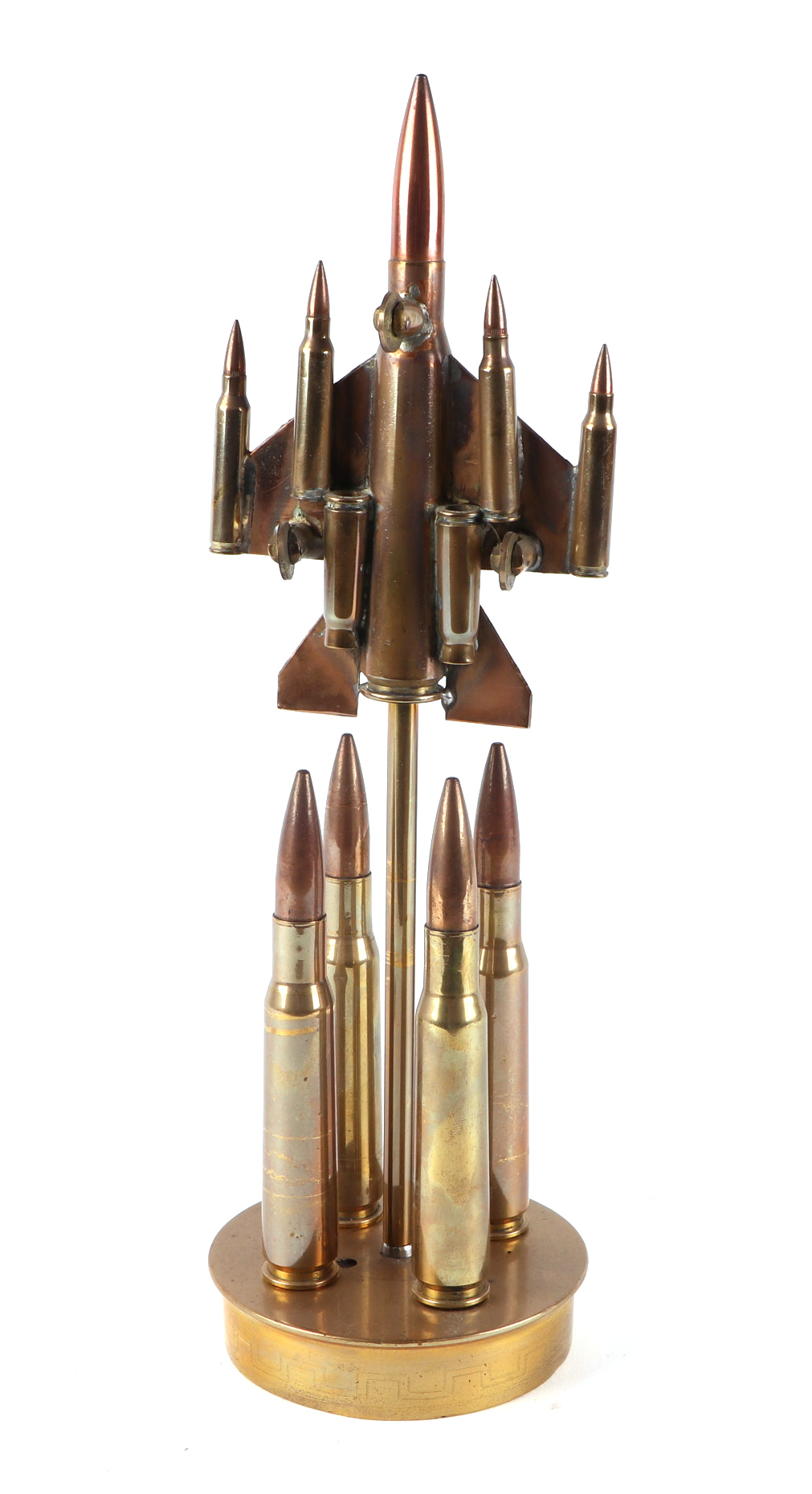 A trench art cast brass model of a Jet aircraft, constructed from brass bullets, mounted on a - Image 2 of 2