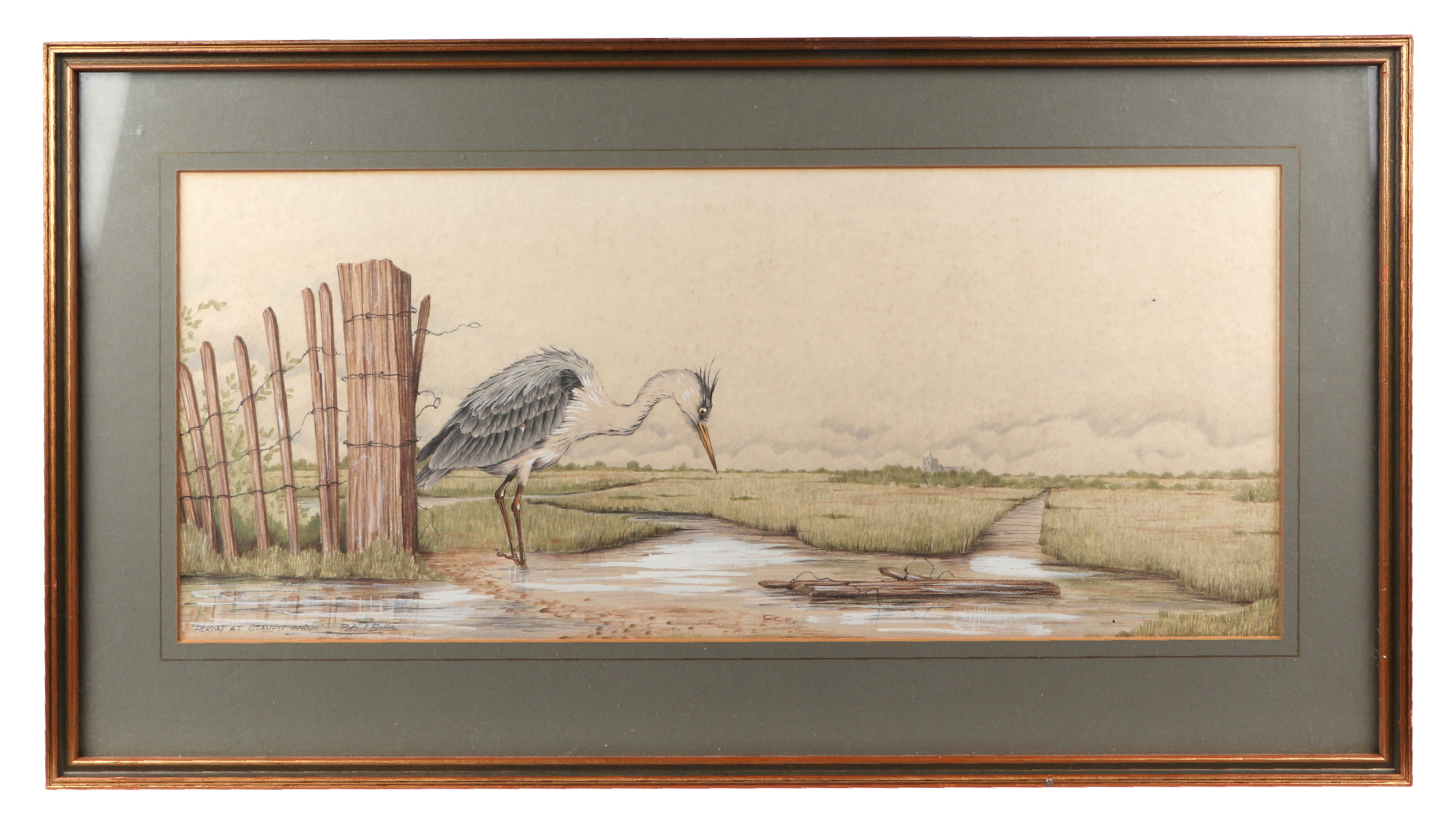 Peter Britton - 'Heron at Stanpit Marsh', signed lower left corner, framed and glazed. 52 by 22cm