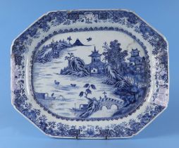 Three Chinese blue & white meat platters, each decorated with a landscape scene, largest 41cm