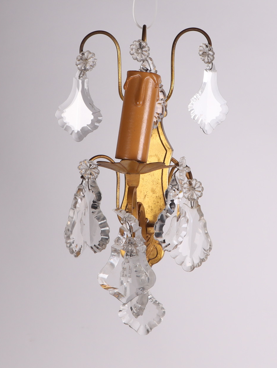 A glass and gilt metal six branch chandelier, with prismatic drops, approx 34cm wide, and two - Image 4 of 4