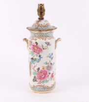 A Losol Ware cylindrical jar and cover, converted to a table lamp, with floral decoration, 37cm high
