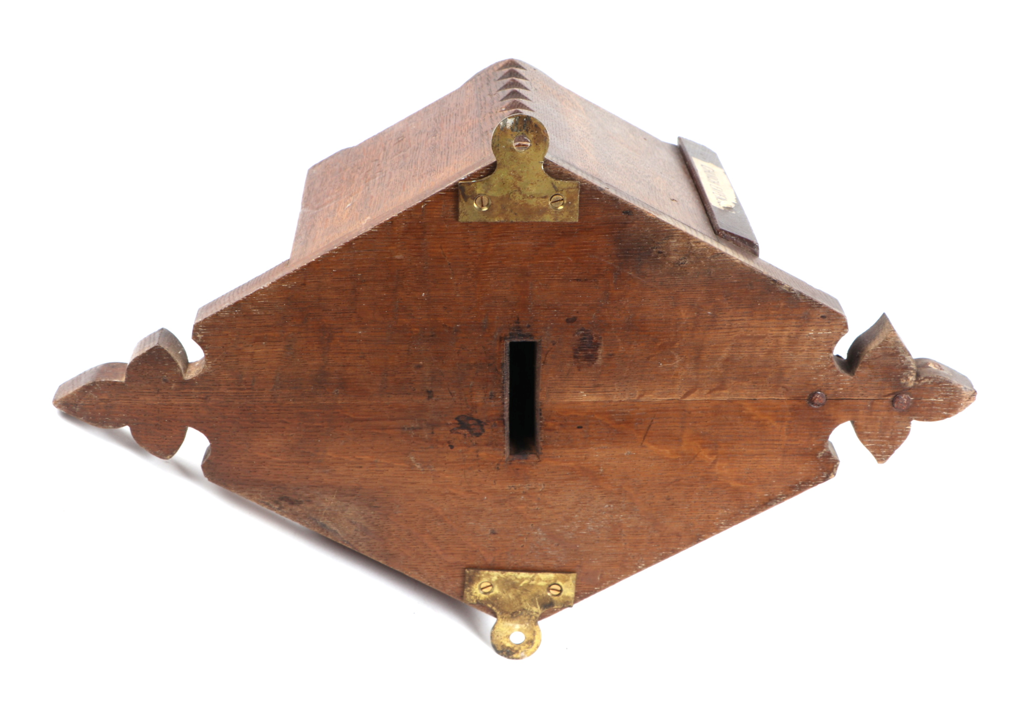 A late Victorian gothic revival oak church wall mounted collection box, having iron strap work - Image 4 of 4