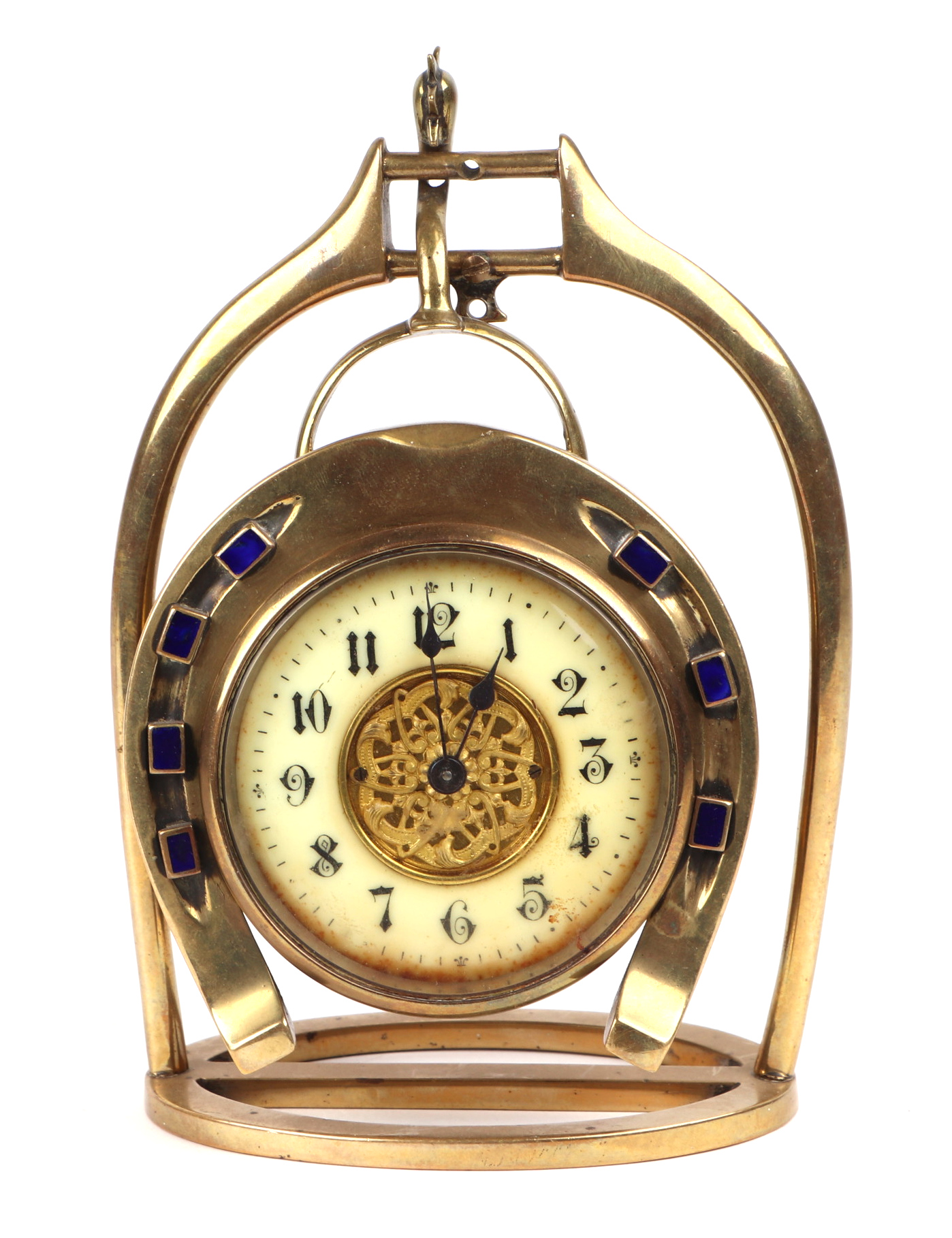 A brass and enamel horse shoe form mantle clock, the white enamel dial with roman numerals; together - Image 3 of 3