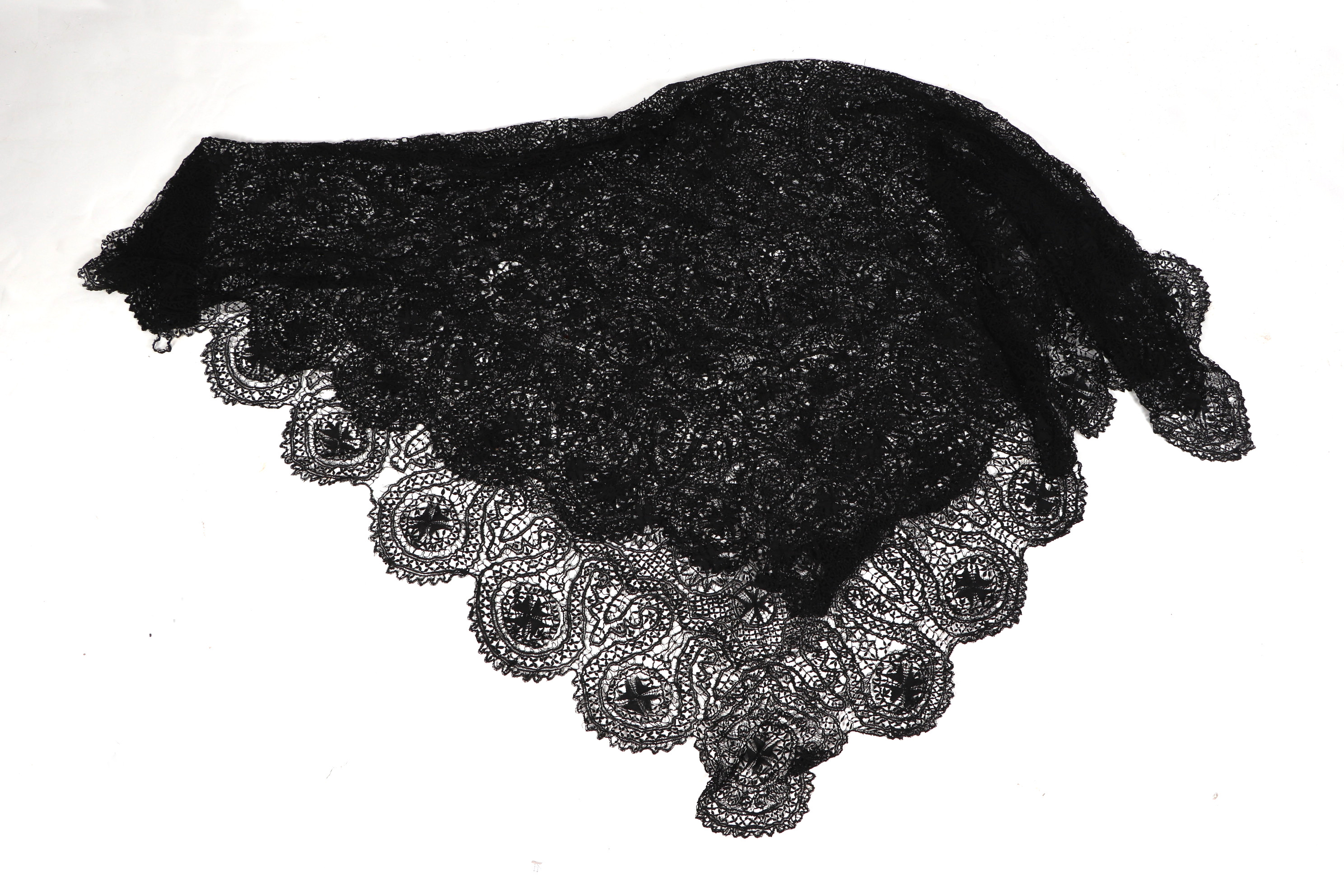 A Chinese silk embroidered shawl, decorated flowers on a black ground, together with black lace - Image 2 of 2