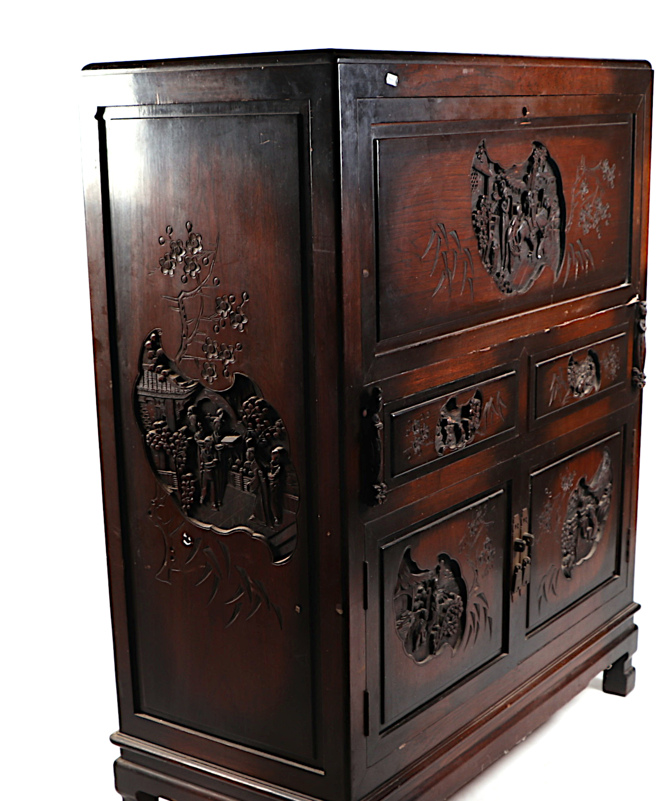 A Chinese hardwood writing cabinet, with carved panels, the full front enclosing fitted interior - Image 2 of 3