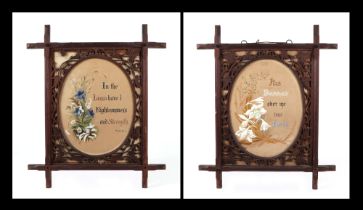 A pair of Edwardian oak picture frames, with peg joint construction and fret work carved floral