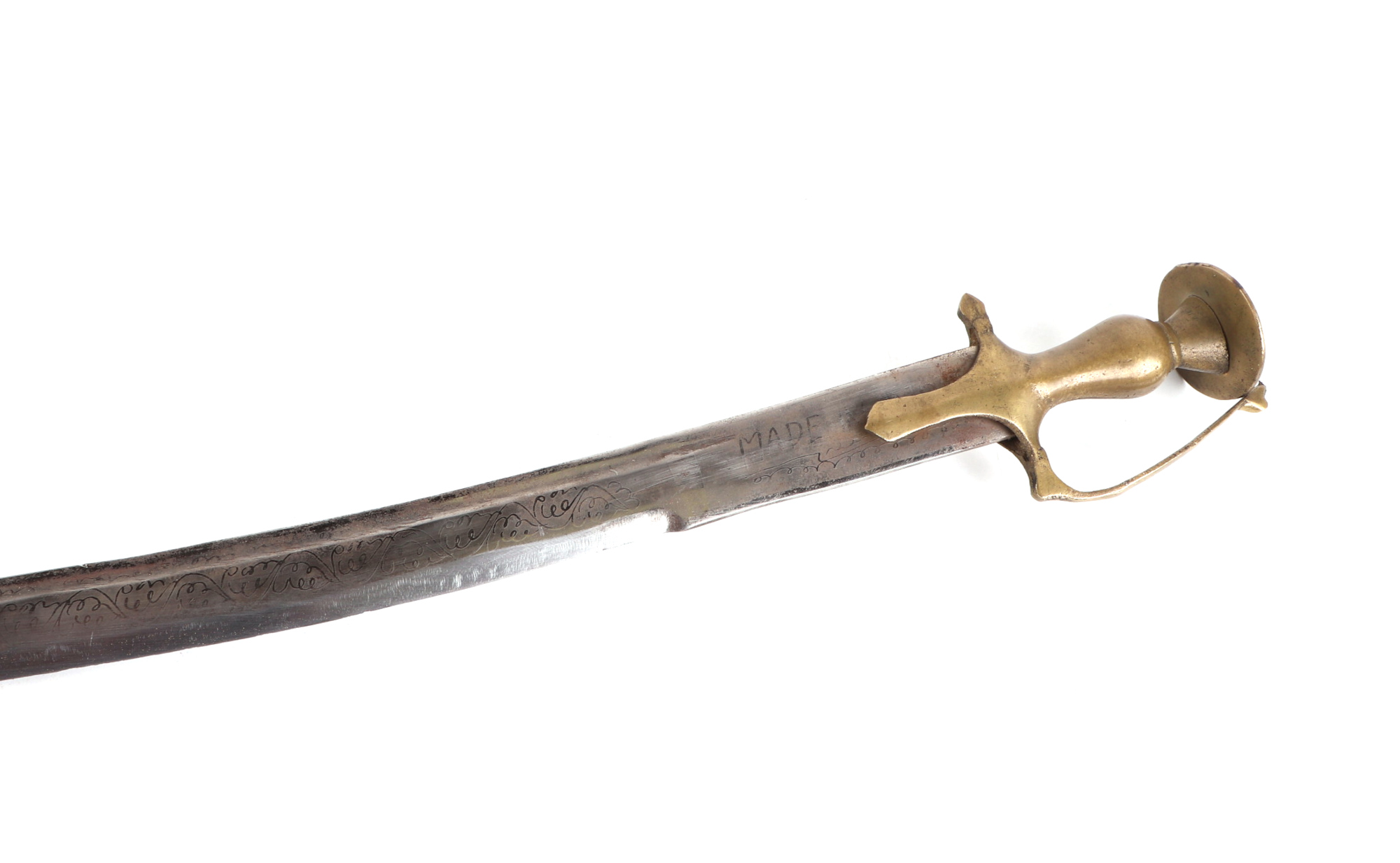 An Indian shamshir type modern sword, with engraved steel blade, brass hilt and velvet covered - Image 4 of 4