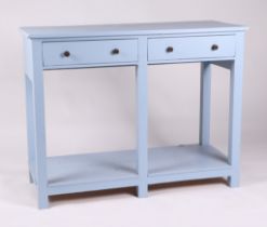 A painted dresser base, having two frieze drawers, on square legs joined by an under tier, 102cm