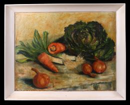 19th century British, still life of vegetables, indistinctly signed lower left corner, oil on board,