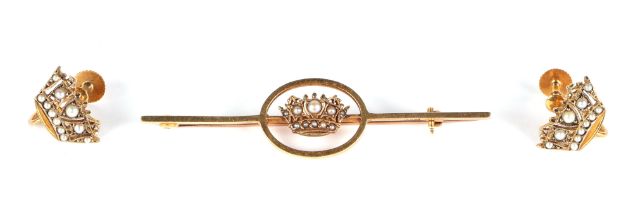 Navel interest; A 15ct gold naval crown bar brooch, 3.6g, and a pair of 9ct gold and seed pearl