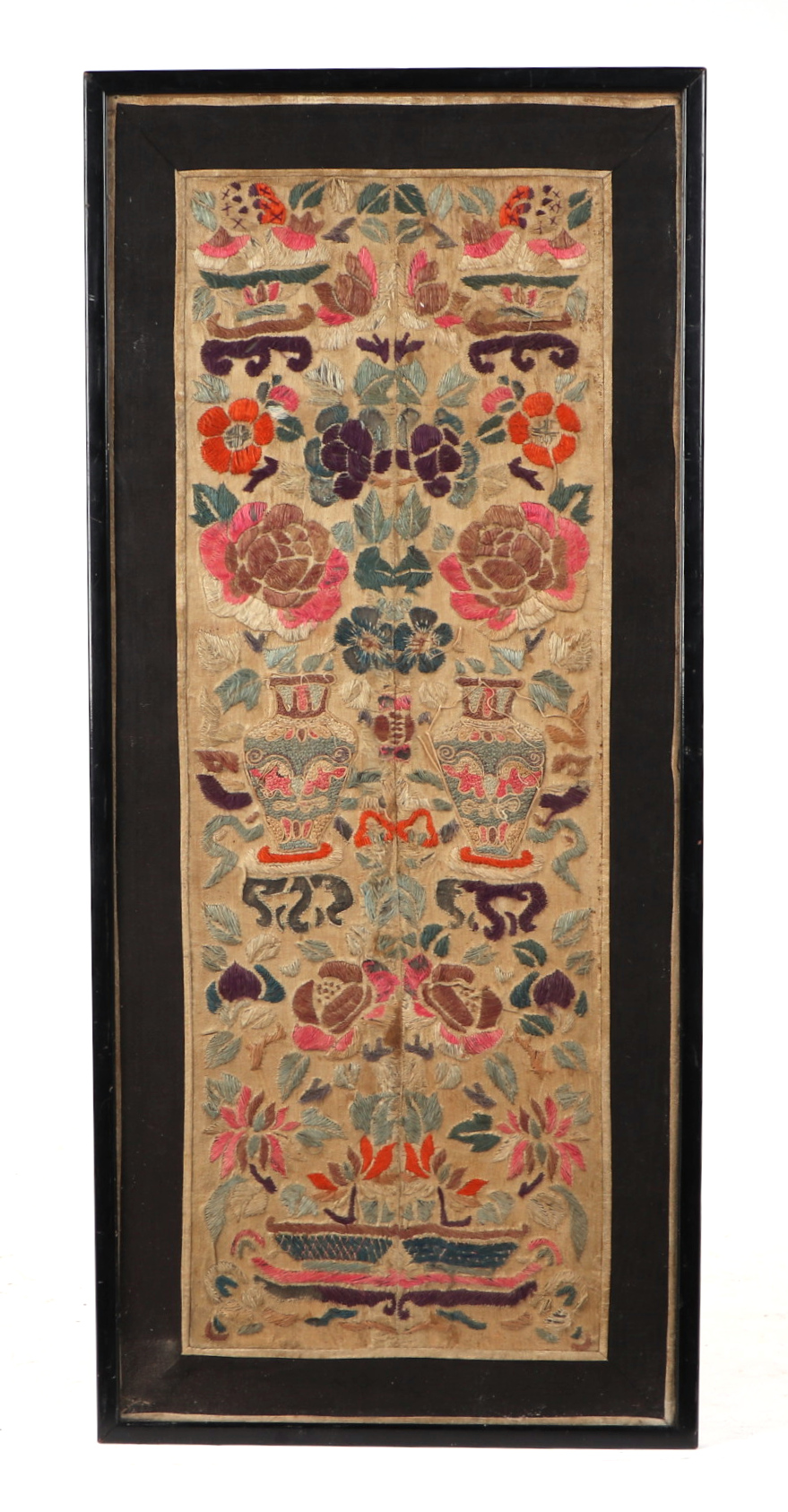 A Chinese embroidered silk sleeve panel decorated with flowers and foliage, 18 by 73cm; together - Image 4 of 8
