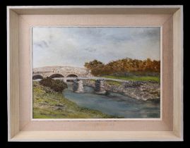 20th century school, river landscape scene with bridge, oil on board, framed, 39 by 30cm.