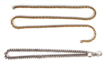 A white metal choker necklace, together with a gilt metal chain (2).