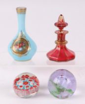 A Victorian glass scent bottle, with gilt decoration, 9.5cm high, a miniature continental glass