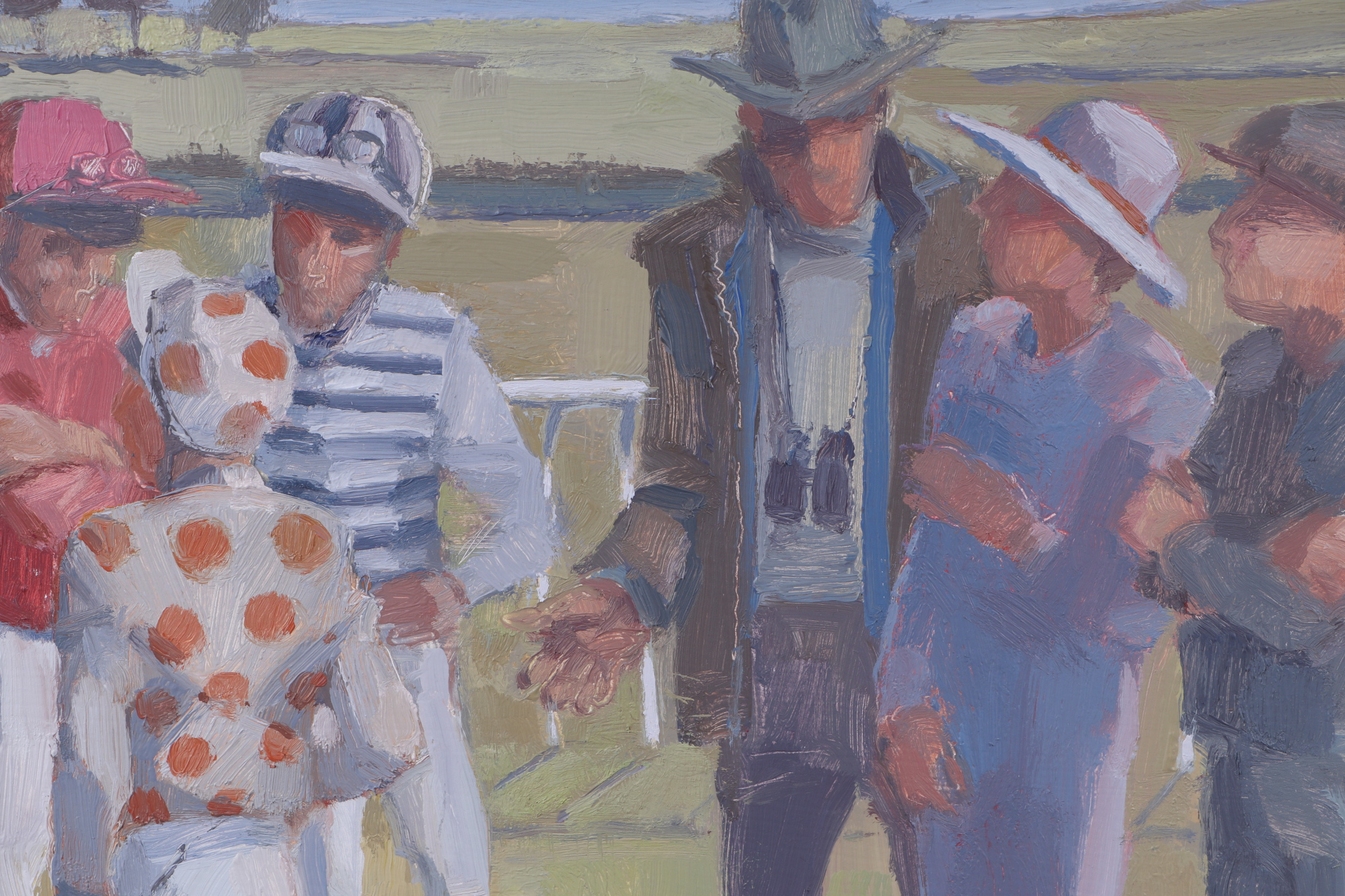 Campbell (Modern British), at the horse races in the paddock with owners and jockeys talking, oil on - Image 2 of 4