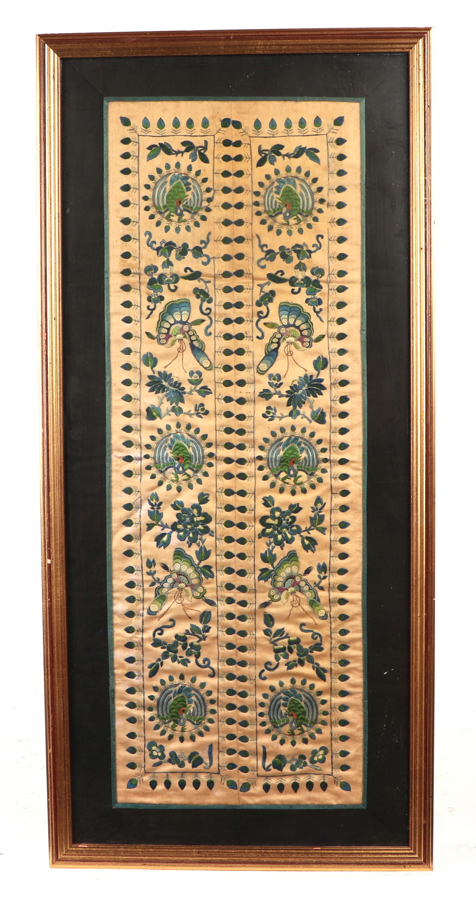 A Chinese embroidered silk sleeve panel decorated with flowers and foliage, 18 by 73cm; together - Image 7 of 8