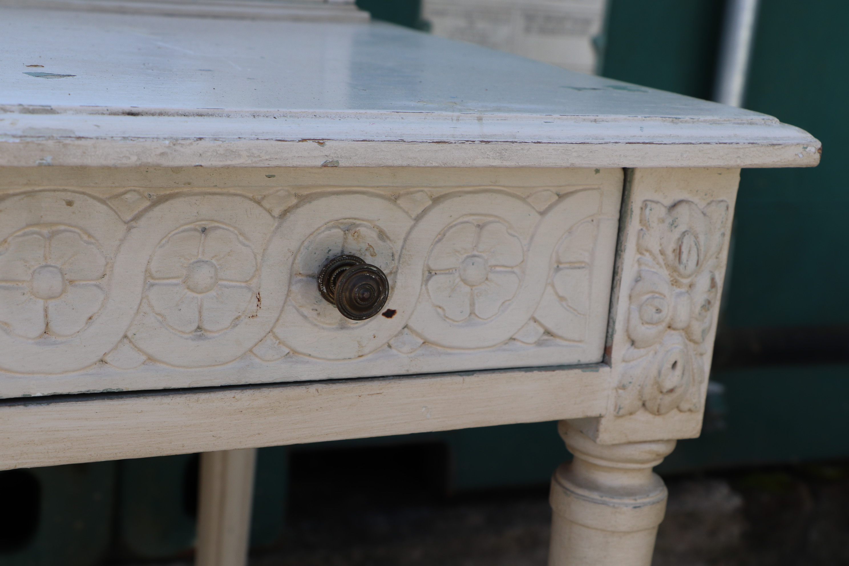 A distressed painted dressing table, with triple mirror, two jewellery drawers, and one frieze - Image 12 of 16