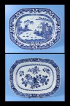 An 18th century Chinese blue & white shaped rectangular meat plate decorated a river scene with a