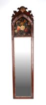 A George III style wall mirror, with arched painted panel to the top, depicting flowers, 21 by 91cm.