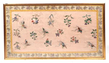 A large Chinese silk embroidered panel, depicting butterflies and flower, 55cm by 101 cm.