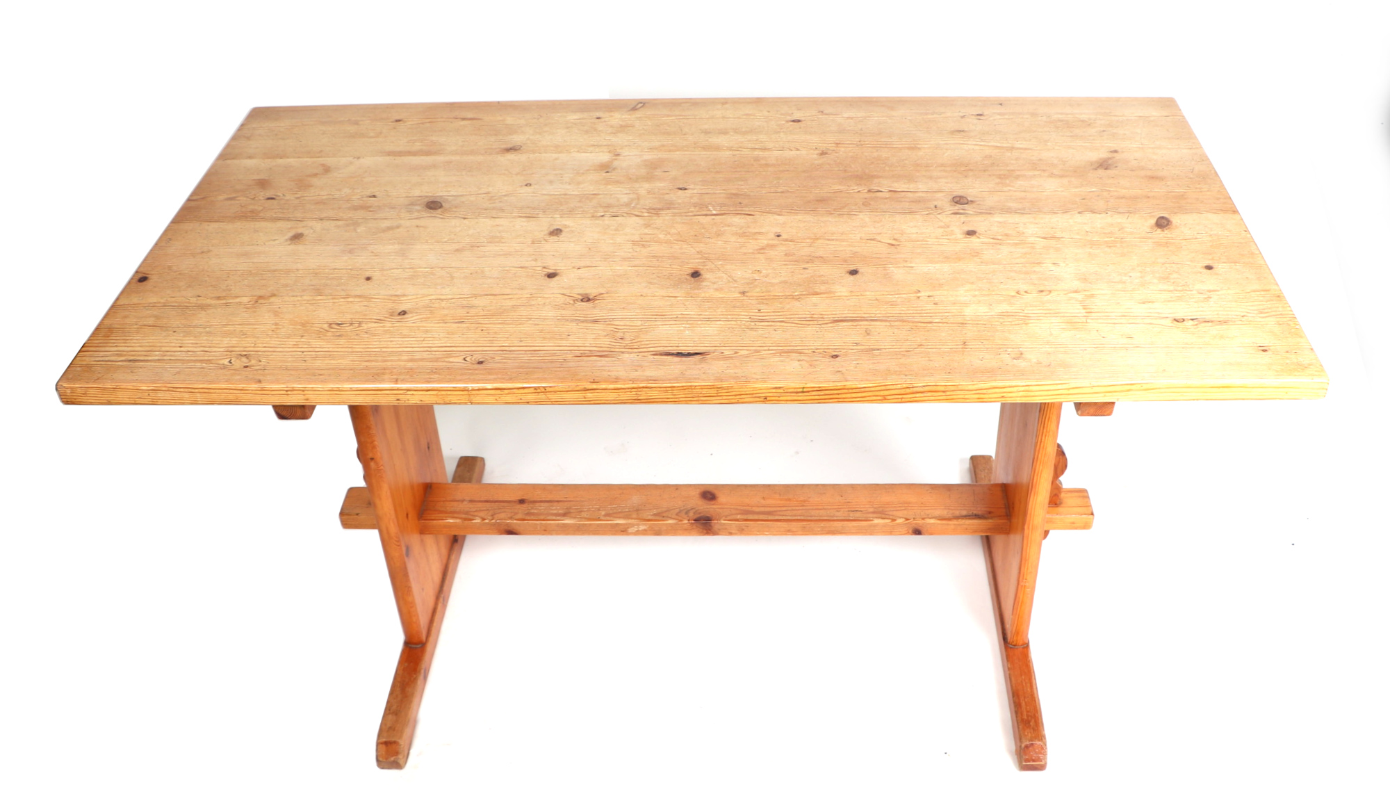 A modern pine refectory style table, having rectangular top, on style supports, joined by a - Image 2 of 2