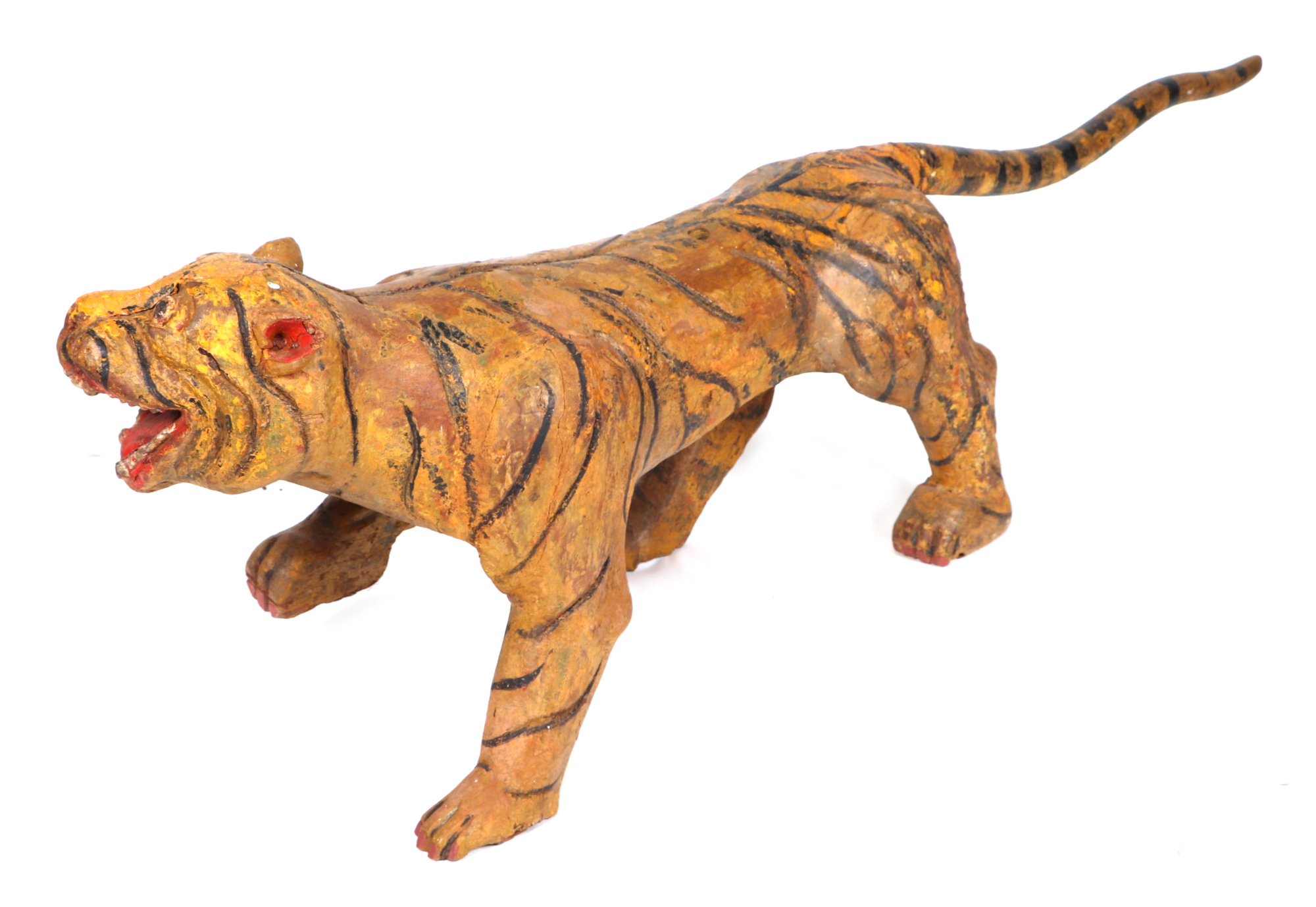 A Burmese carved and painted hardwood tiger (temple guardian), 134cm long. - Image 3 of 7