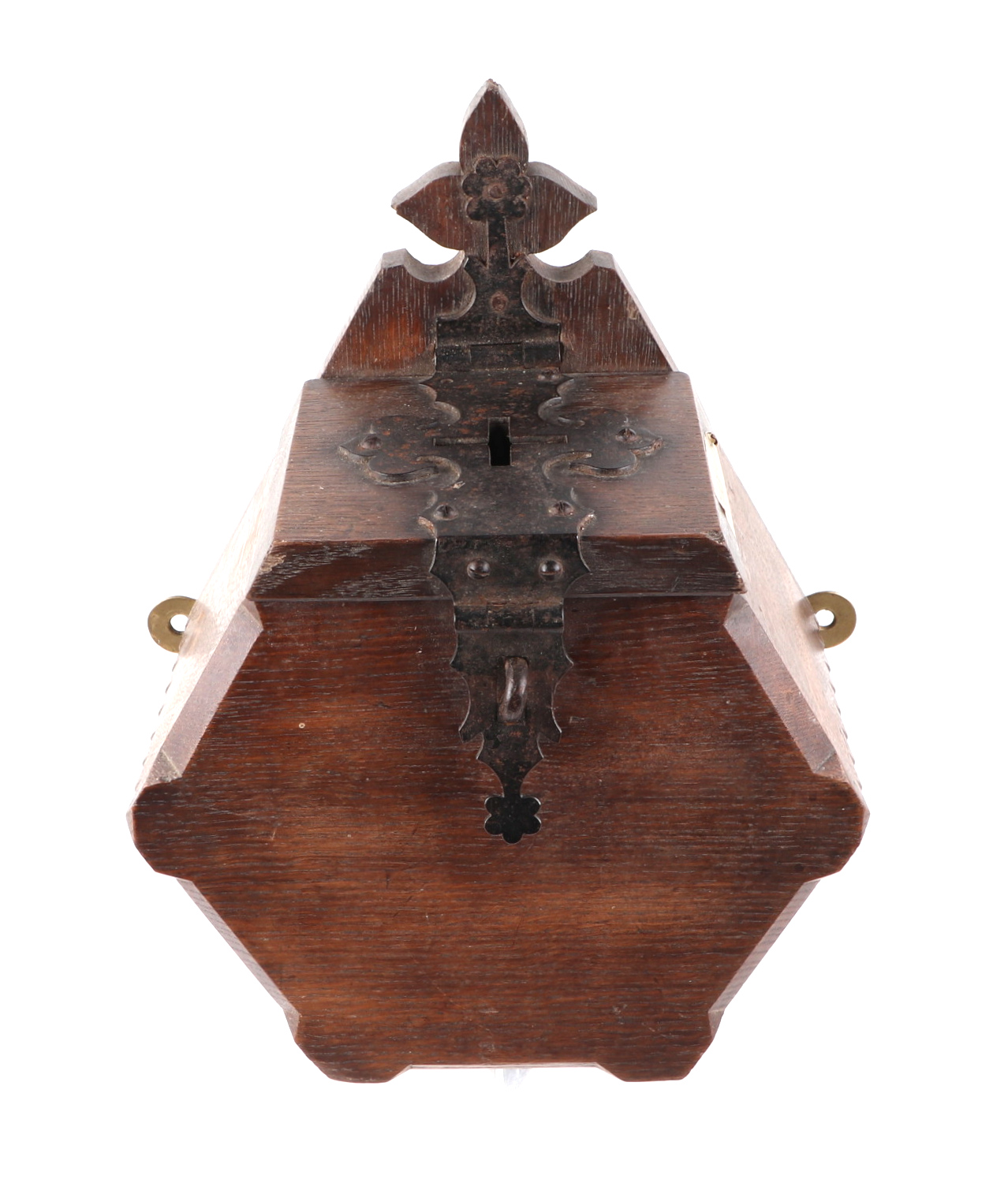 A late Victorian gothic revival oak church wall mounted collection box, having iron strap work - Image 2 of 4
