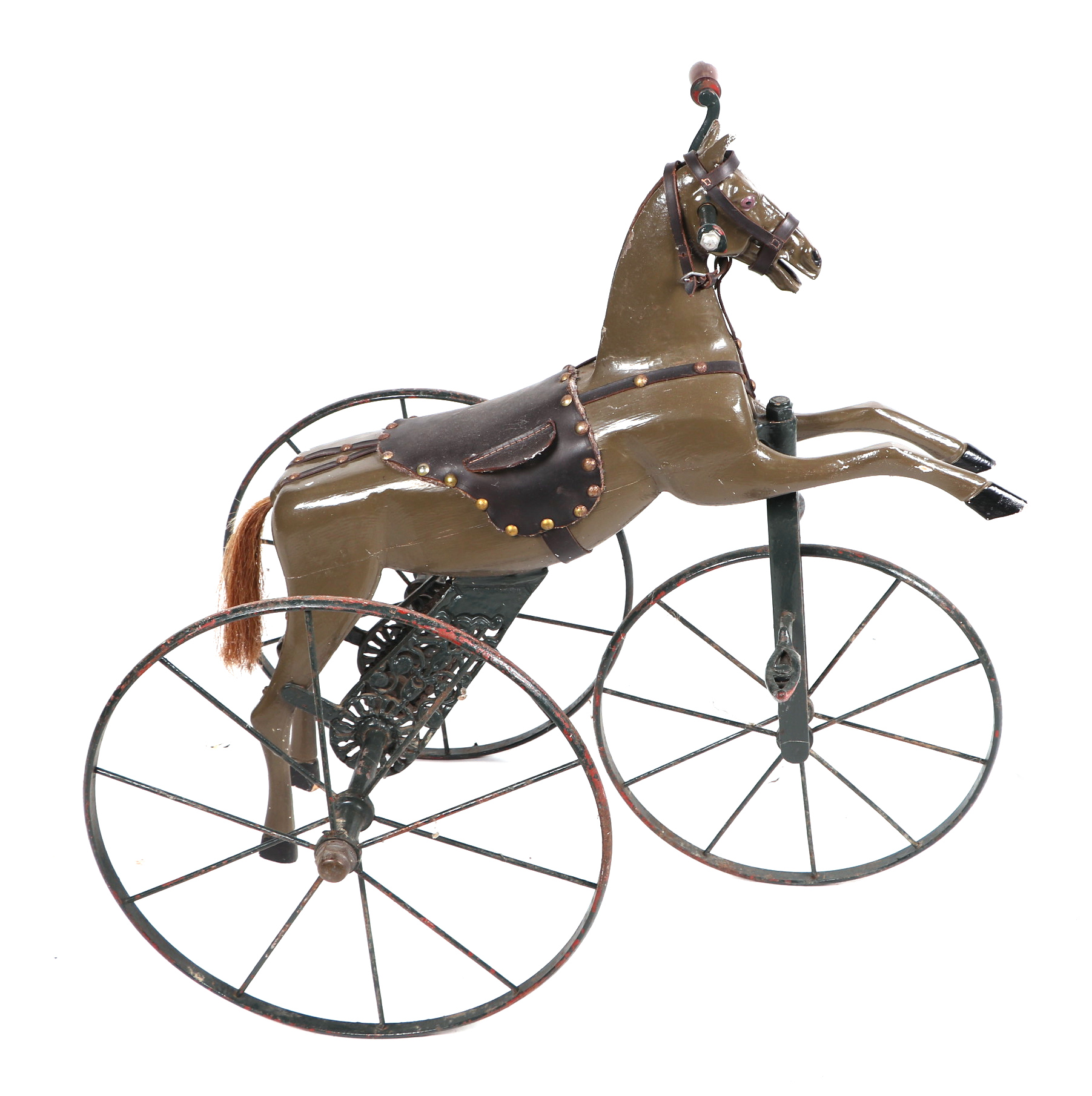 A 19th century French child's horse tricycle Velocipede, with a carved painted wooden body, cast - Image 4 of 4